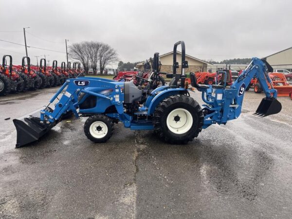 LS lawn mower tractor with front end loader and rear backhoe