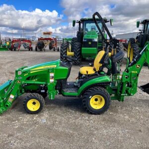 John Deere lawn mower tractor with front loader and backhoe